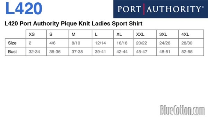Size chart for a L420 Port Authority Pique Knit Ladies Sport Shirt